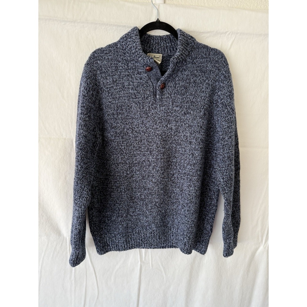 LL Bean Lambswool Sweater Mens M Reg Blue Marled Mock Neck Button Pullover